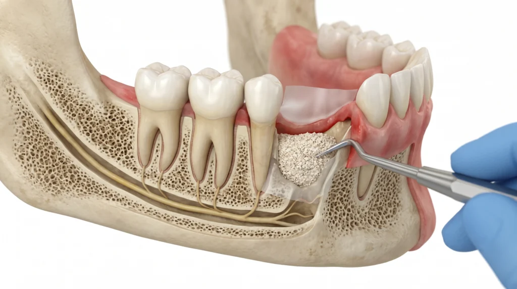 Dental bone graft material placed in an area of jawbone loss to support new bone growth.