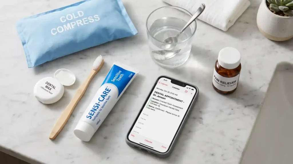 First aid steps to protect a cracked tooth before seeing a dentist.