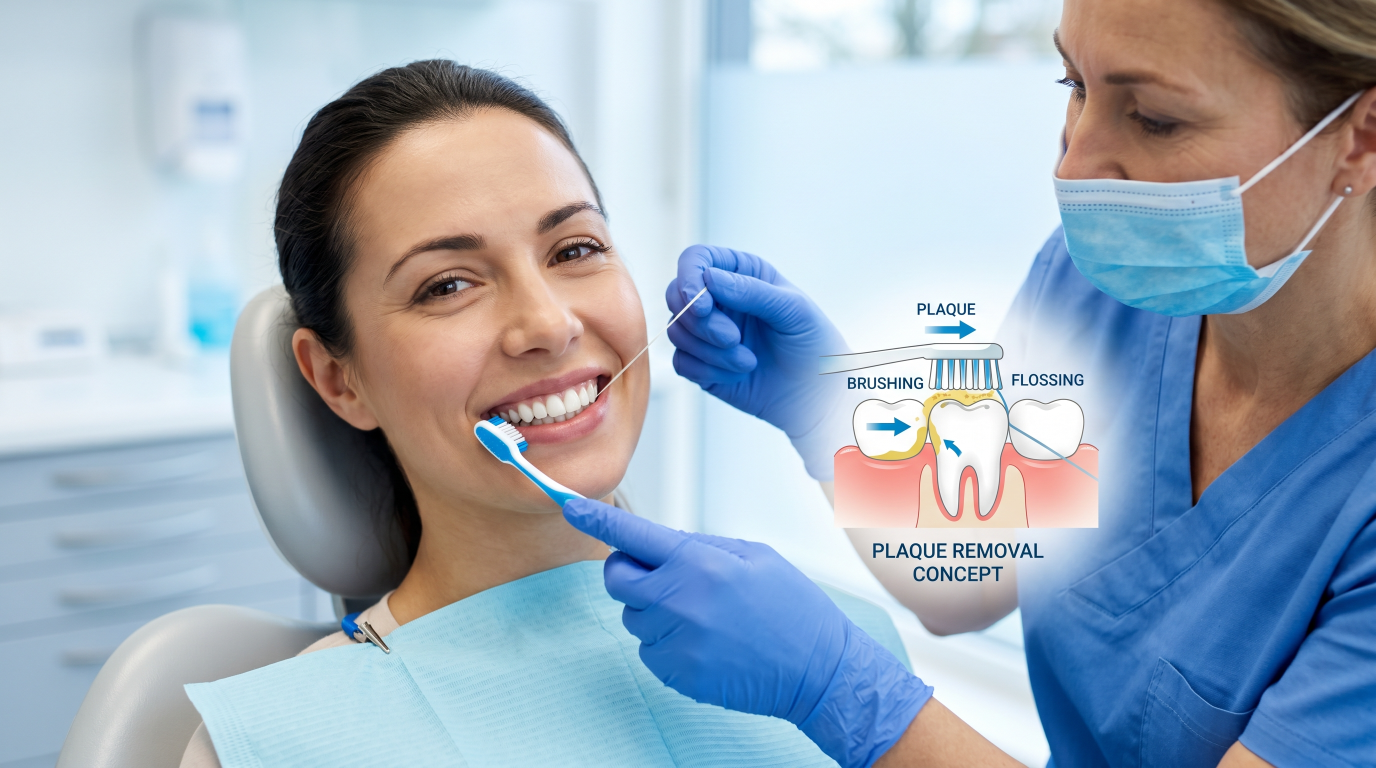 Close-up of a healthy white smile with dental tools representing plaque removal and oral hygiene in a clean clinical setting