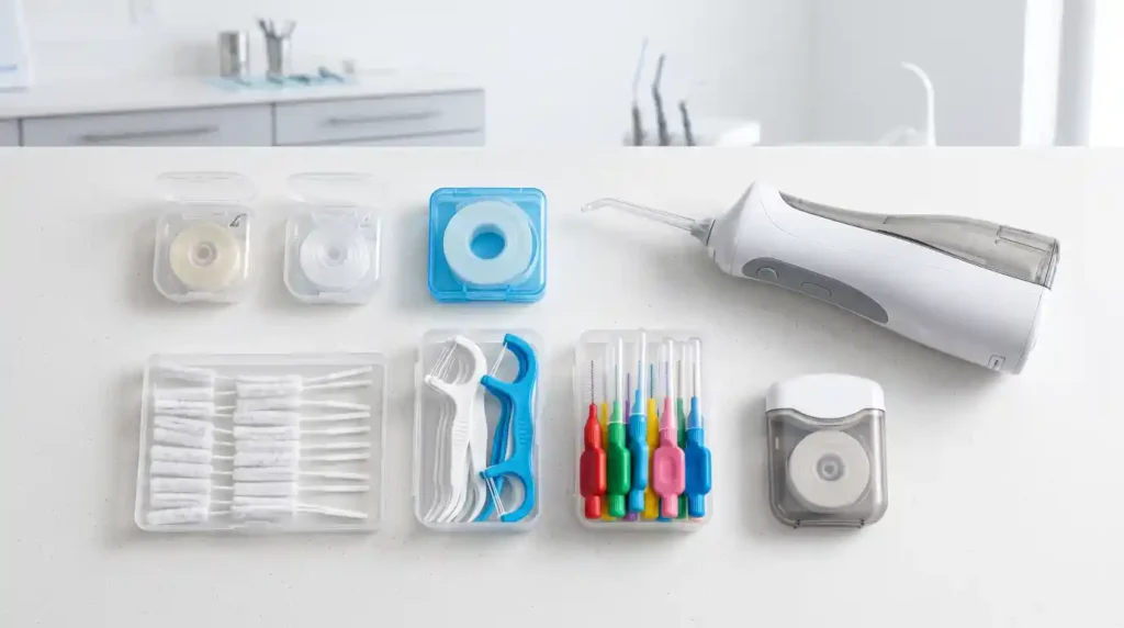 Different types of dental floss and interdental cleaning tools.