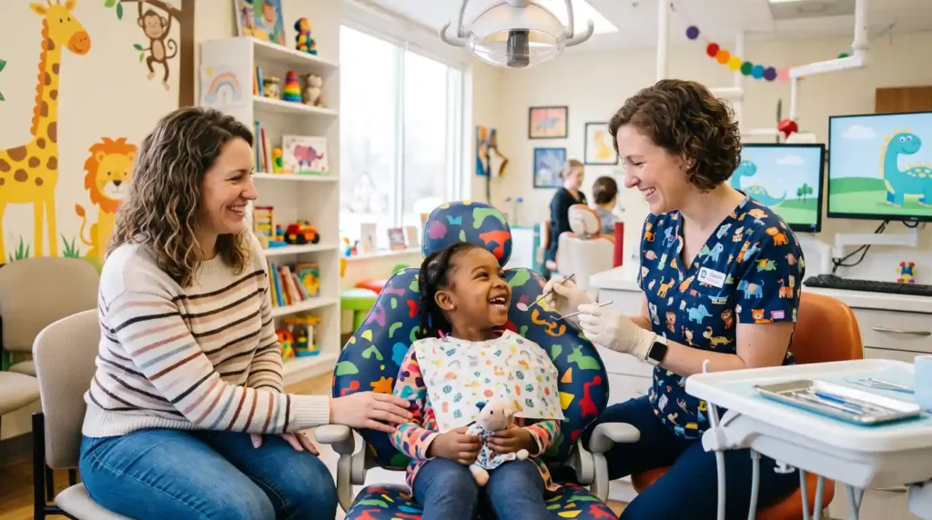 Pediatric dentist examining a young child during a friendly dental checkup.