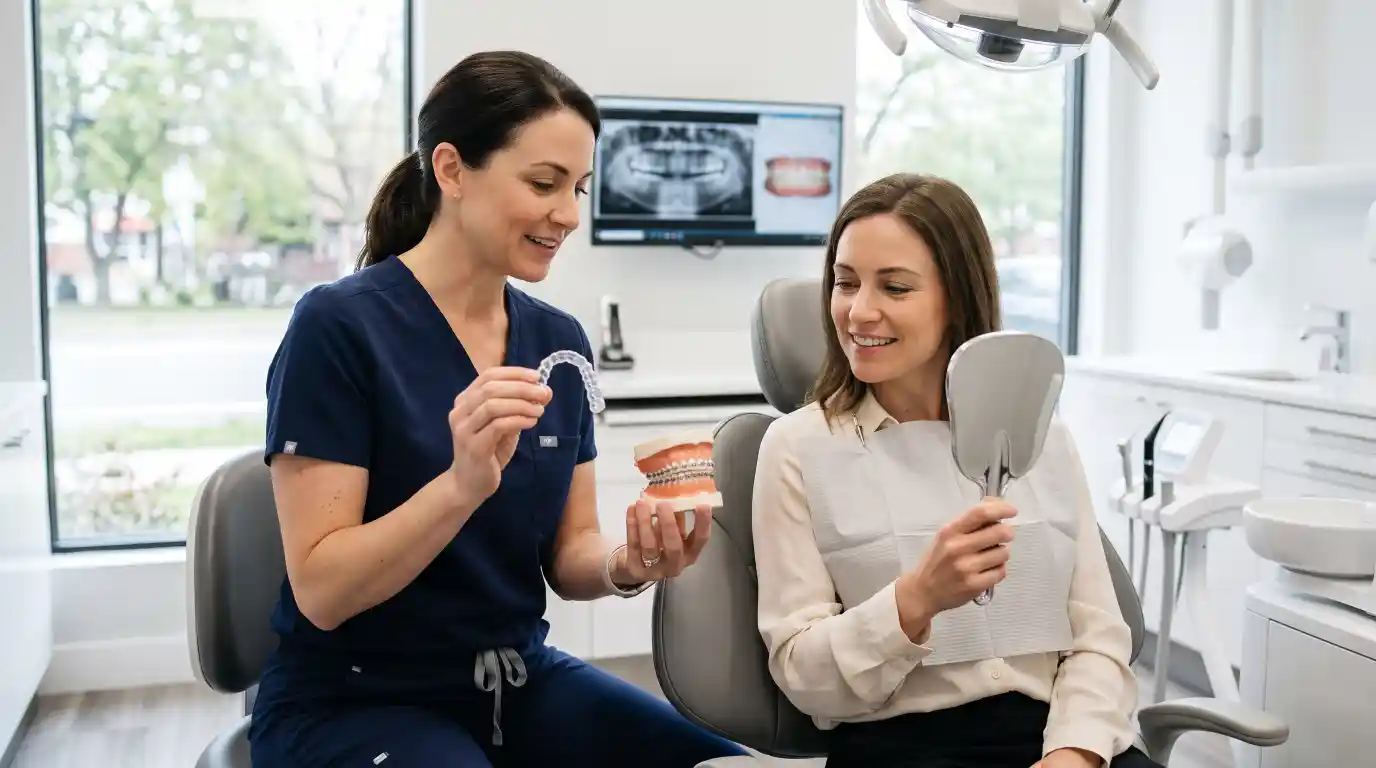 Dentist comparing braces and clear aligners with a patient during an orthodontic consultation.