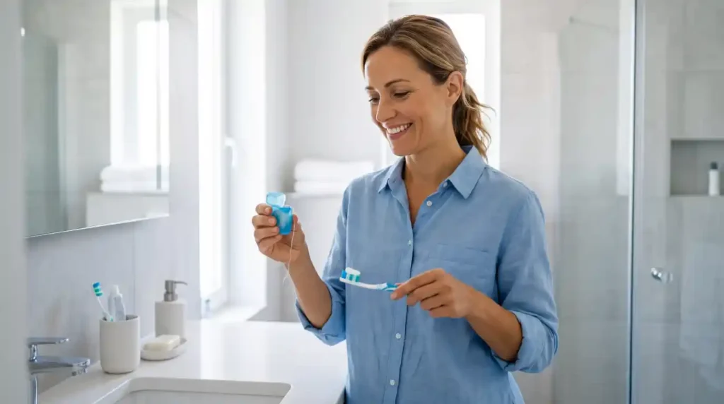 Person flossing before brushing teeth in a clean bathroom following a dentist-recommended routine.