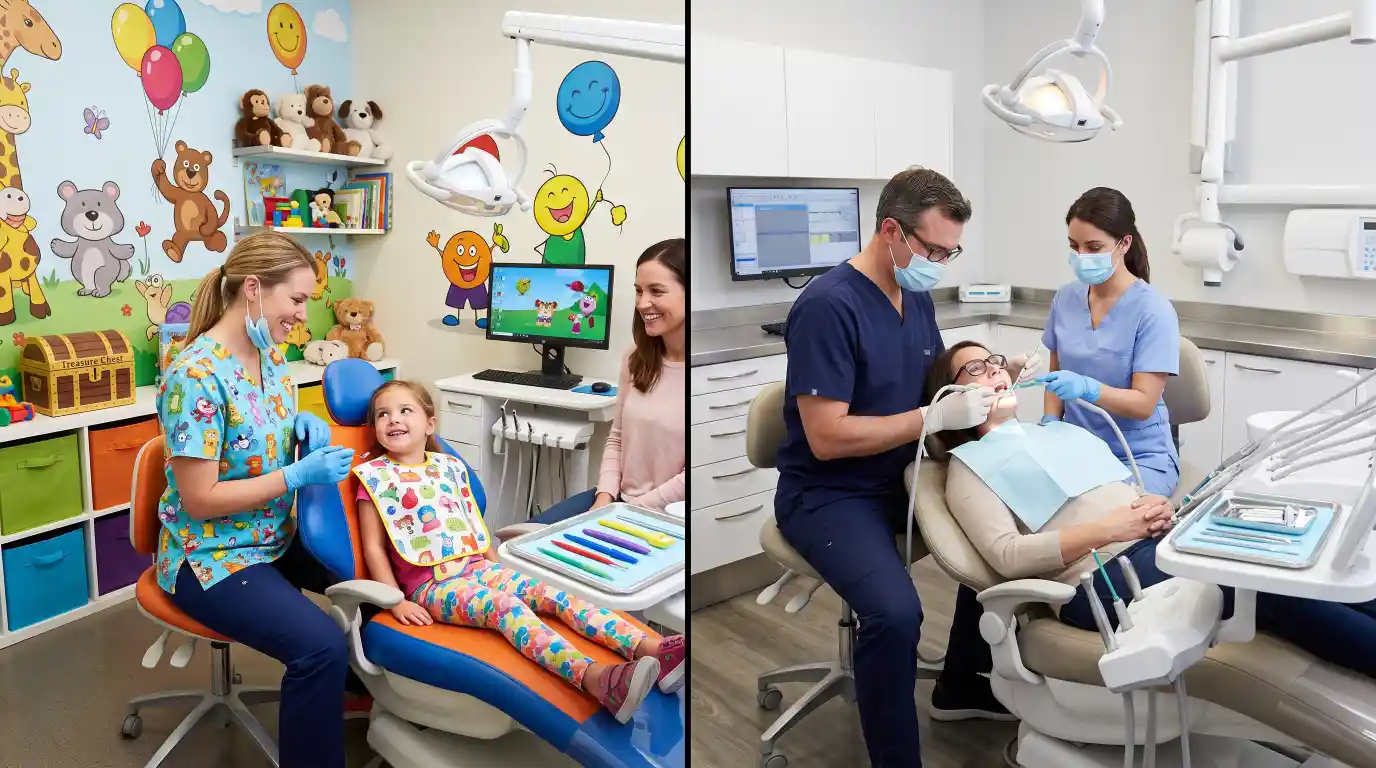 Comparison between a pediatric dental office and a general dental clinic.