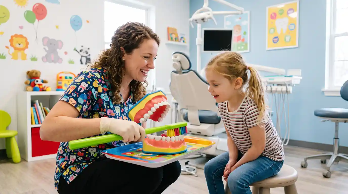 Parent helping a child brush teeth before a dental visit.