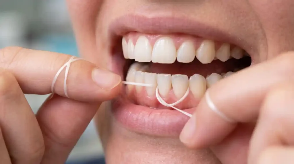 Correct technique for flossing teeth using a C-shape around each tooth.