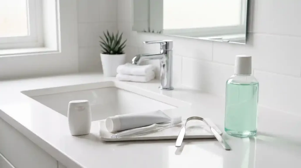 Complete daily oral hygiene routine with floss, toothbrush, tongue scraper, and mouthwash.