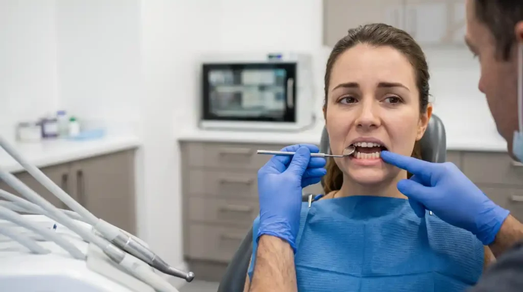 Dentist checking teeth for signs of grinding damage