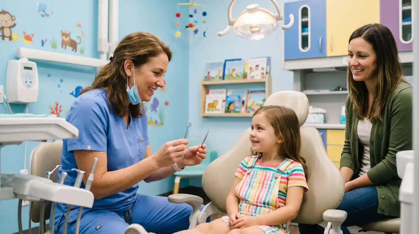 Pediatric dentist explaining dental tools to a child before treatment.