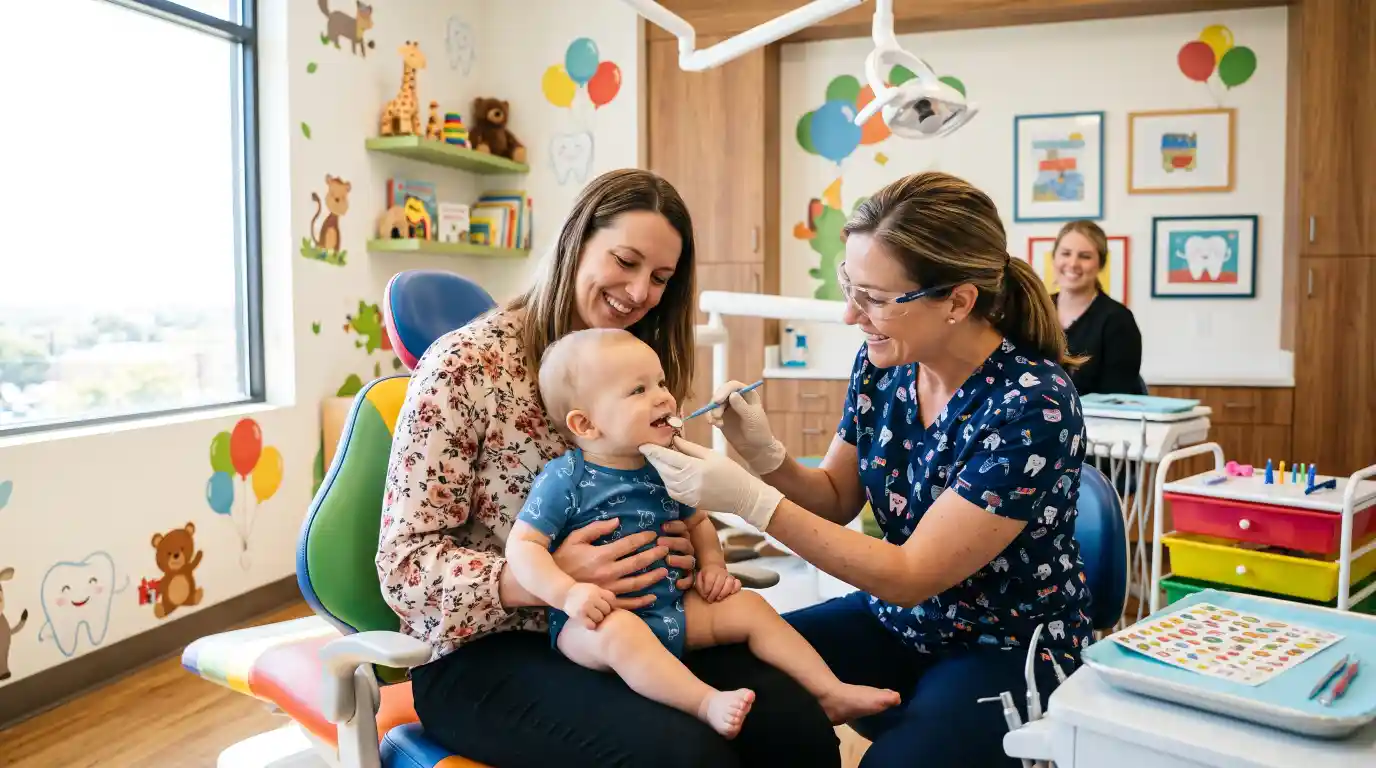 Baby receiving a first dental checkup from a pediatric dentist.