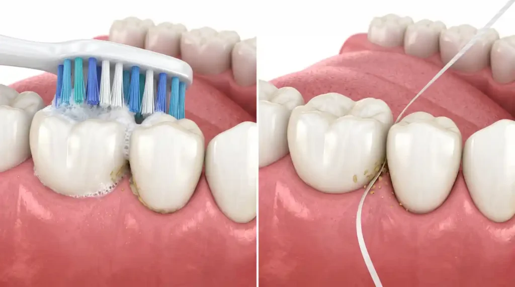 Dental floss removing plaque between teeth where a toothbrush cannot reach.