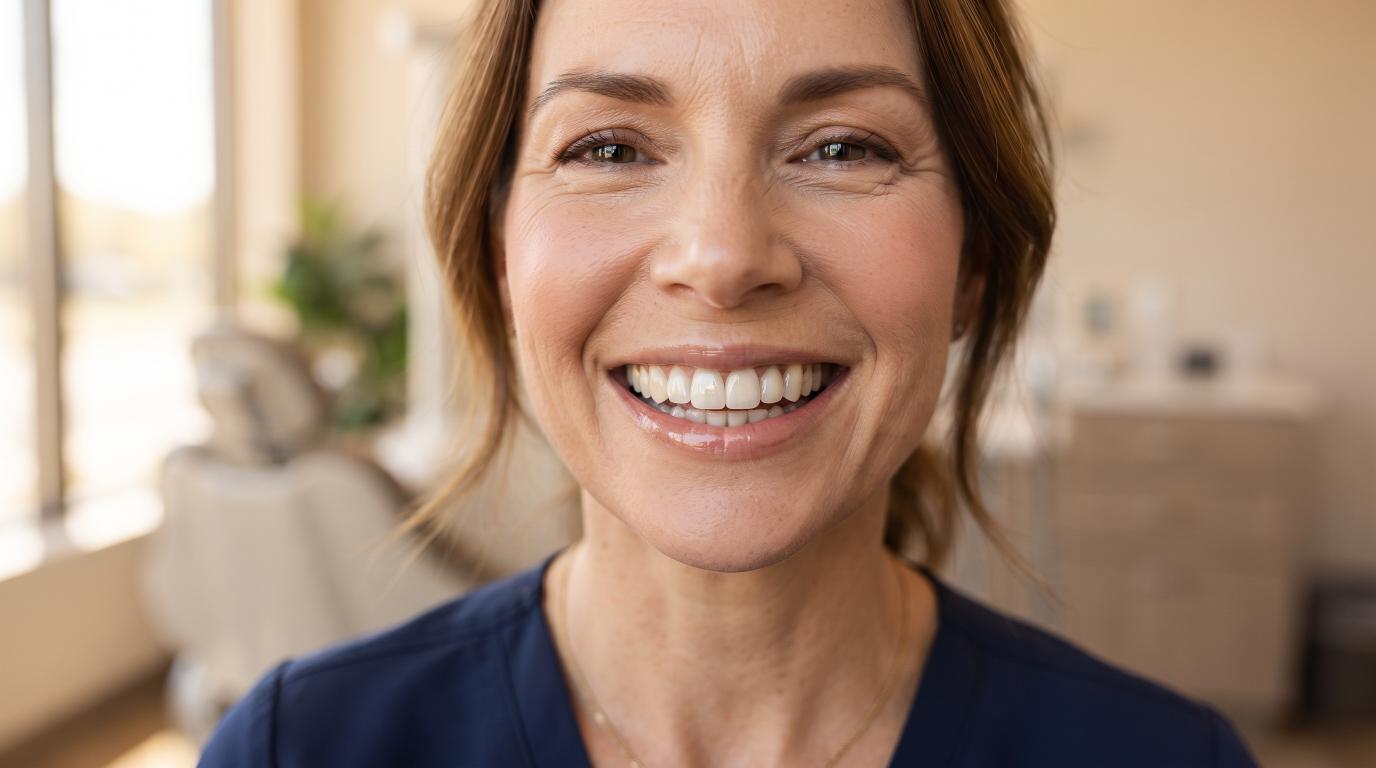 Close-up of a natural, bright smile after composite veneer treatmen