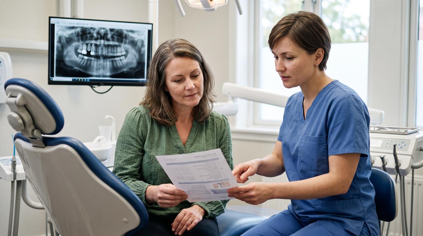 Dentist discussing dental implant treatment and insurance considerations with a patient