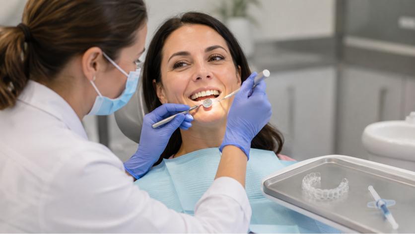 Dentist discussing gentle teeth whitening with a patient with sensitive teeth