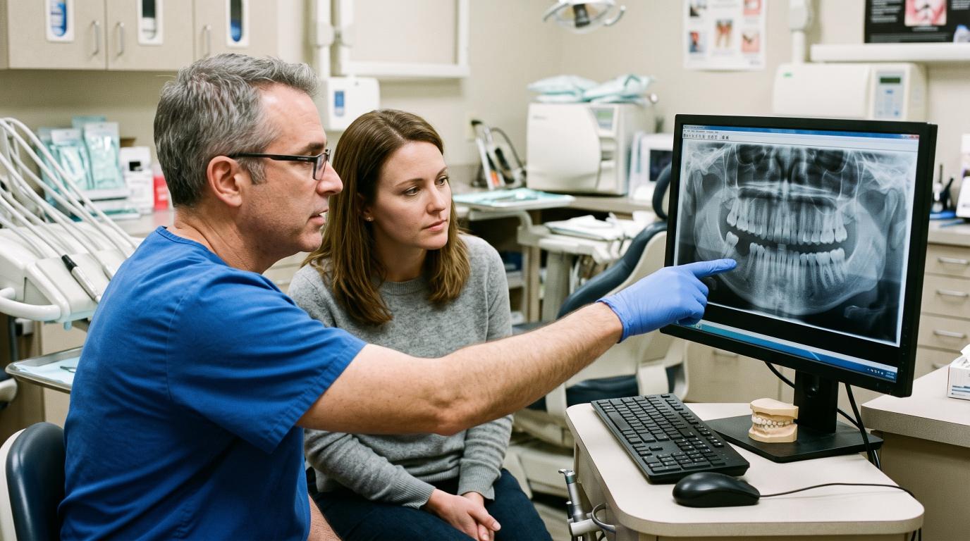 Dentist and patient reviewing a dental implant treatment plan and X-ray