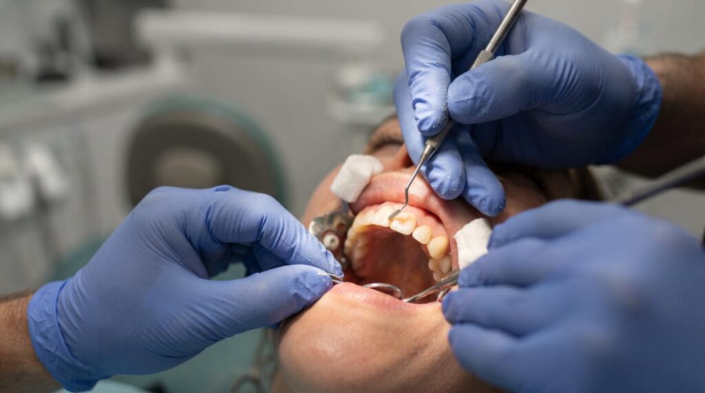 Dentist applying and shaping composite resin layers on a patient's tooth