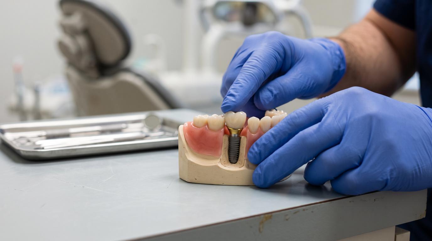Dental implant post, abutment, and crown examined by a dentist