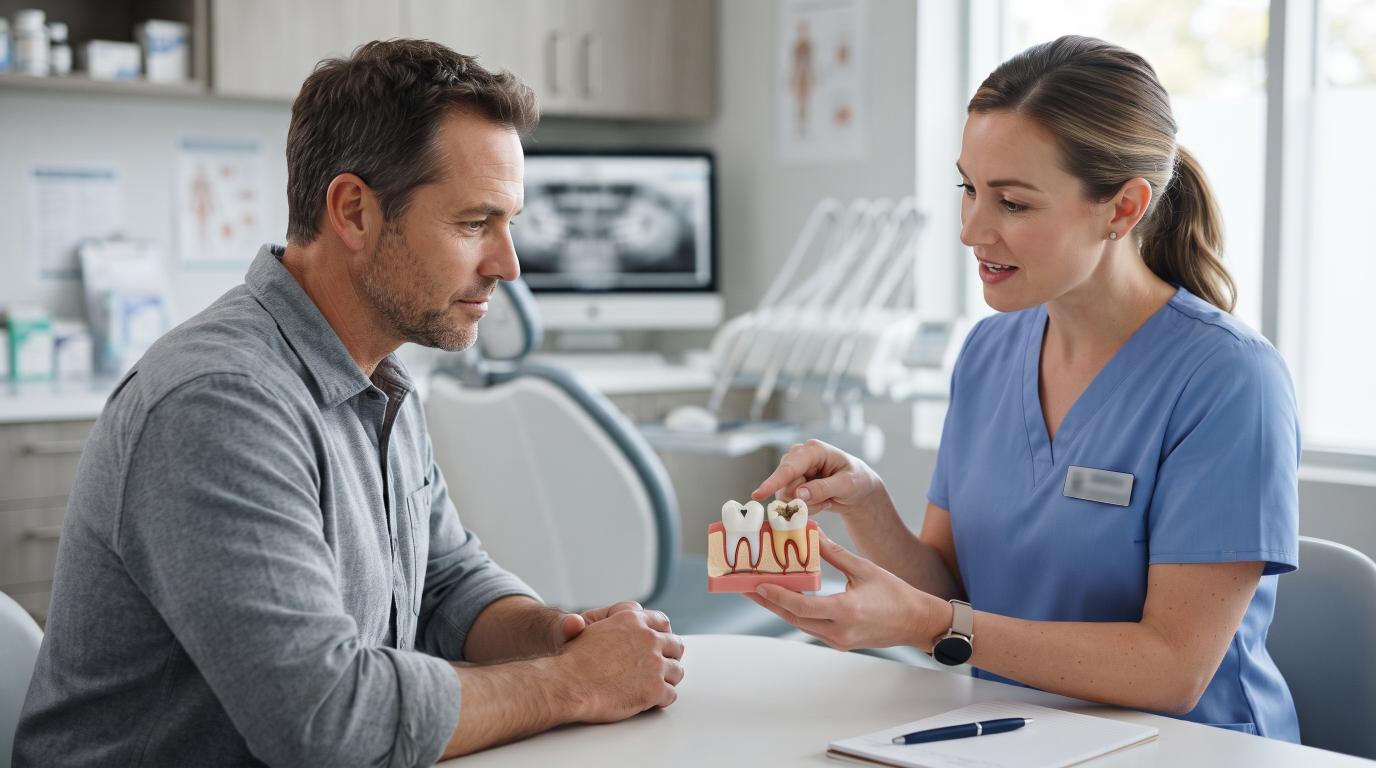 Dentist explaining the difference between a filling and a dental crown