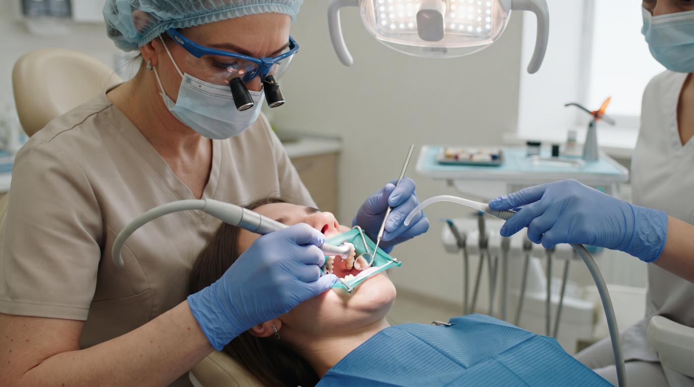 Dentist performing a dental filling procedure on a cavity