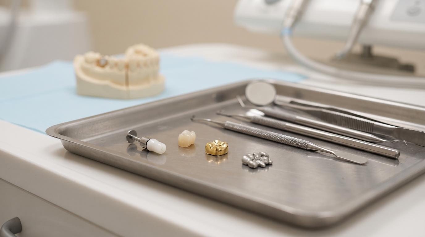 Different dental filling materials including composite, ceramic, gold, and amalgam