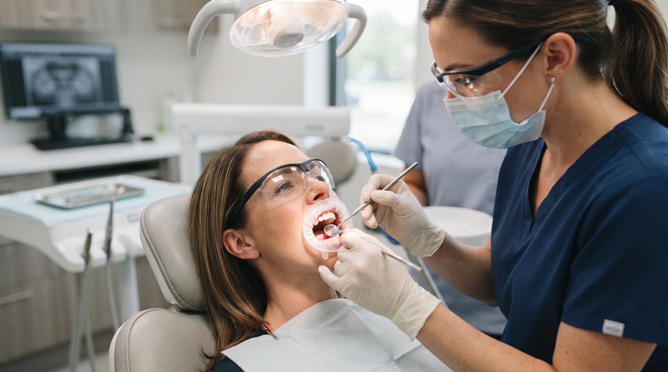 Dentist placing a filling to restore a cavity-damaged tooth