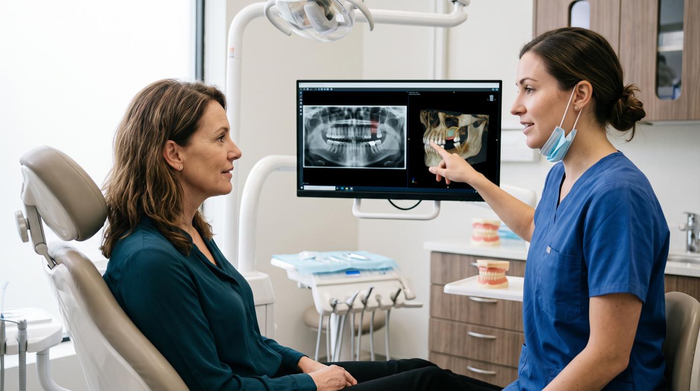 Dental consultation showing a bone graft for teeth on a jaw scan