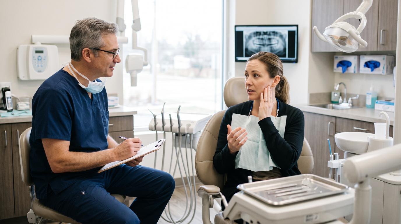 Dentist discussing tooth decay and stomach symptoms with an adult patient during a dental consultation.