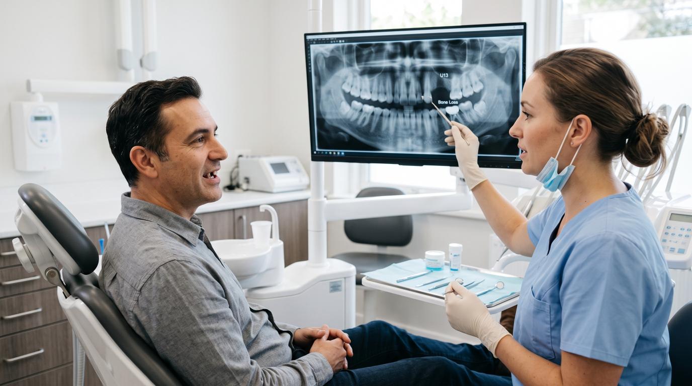 Dentist examining jawbone loss after tooth loss
